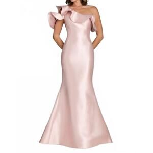 NEW GIA FRANCO ruffle asymmetric neck mikado dress in blush